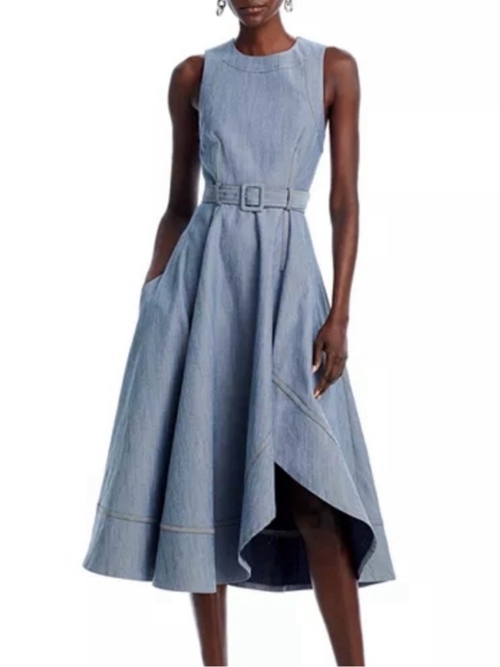 cinq a sept Zelda Light Indigo Blue High-Low Belted Midi Dress